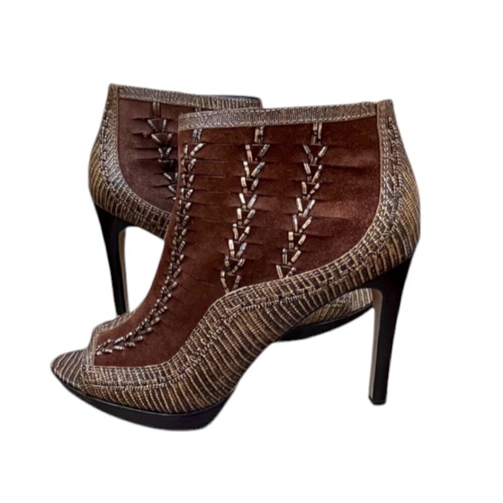 Vince Camuto Brown VC-Night Woven Leather Peep Toe Side Zipper 4.5" Shoes 8.5B - Picture 2 of 16